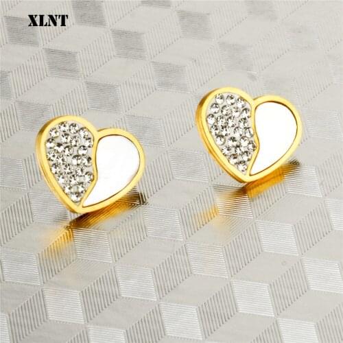 XLNT Retro fashion Heart Shell Crystal stud earrings female small student stud earrings accessories earrings for women
