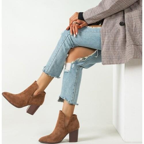 2021 Faux Suede Ankle Boots Women High Heel Side zipper High top Stacked Block Heel slip on Short Western Cowboy Booties Shoes