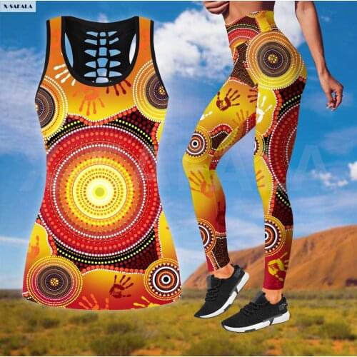 Cute Sun Culture Art Two Piece Yoga Set Women 3D Print Vest Hollow Out Tank Top High Waist Legging Summer Casual Sport