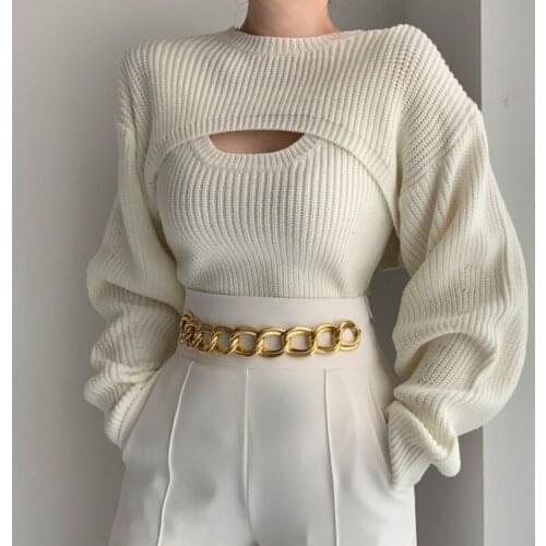 Korean Fashion Two Piece Set Women Long Sleeve Top + Sleeveless Vest Sets Sexy Ladies Matching Set 2021