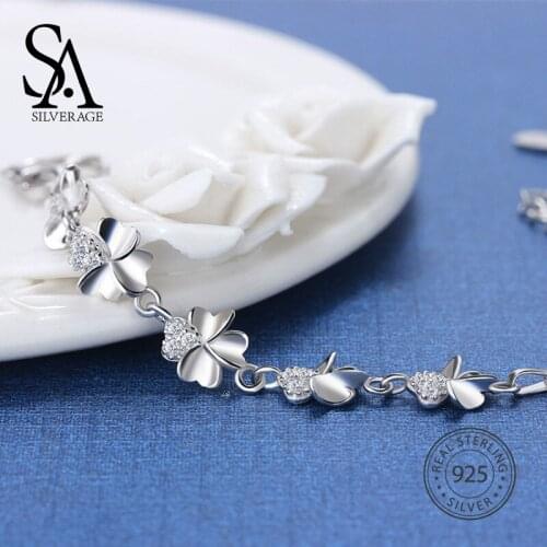 SA SILVERAGE 925 Sterling Silver Lucky Clover AAA Cubic Zirconia Bracelets for Women Fine Jewelry Trendy Party Bracelet 2020