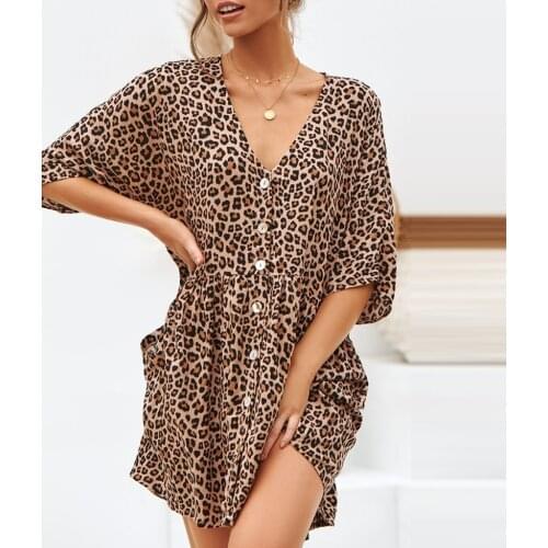 #Z20 Summer Beach Dress Women Leopard Deep V Neck Sexy Dress Ladies Button Open Casual Loose Dresses Women Vestidos Mujer