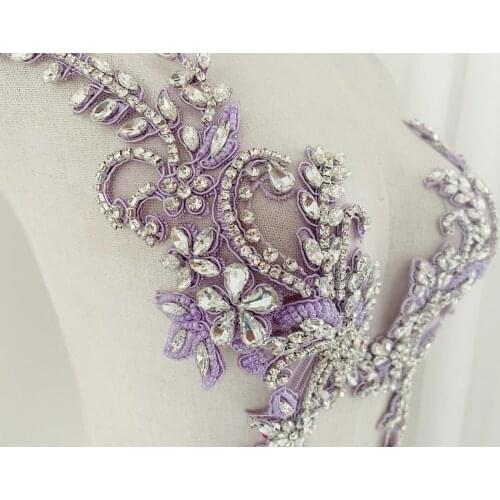 1 pair Purple Rhinestone Applique With Florals Motif For Couture Dress Costume
