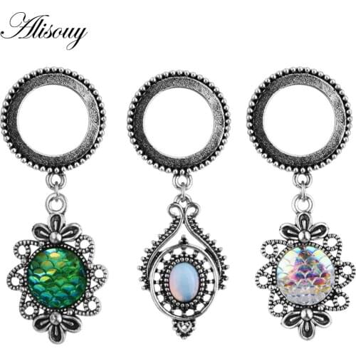Alisouy 1 pair Stainless steel Round Pendant Ear Plug Tunnel Ear Expander Piercing Gauges Ear Stretchers Body piercing Jewelry