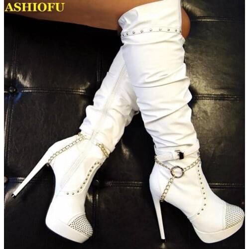 ASHIOFU Handmade Ladies High Heel Platform Boots Spikes-toe Wedding Party Prom Knee Boots Sexy Club Evening Fashion Boots Shoes