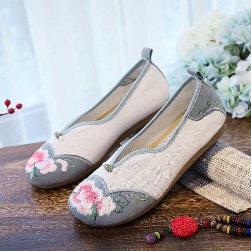 Retro Pink Beige Patchwork Ladies Cotton Linen Ankle Strap Shoes Comfort Women Casual Ballerinas Embroidered Ballet Flats