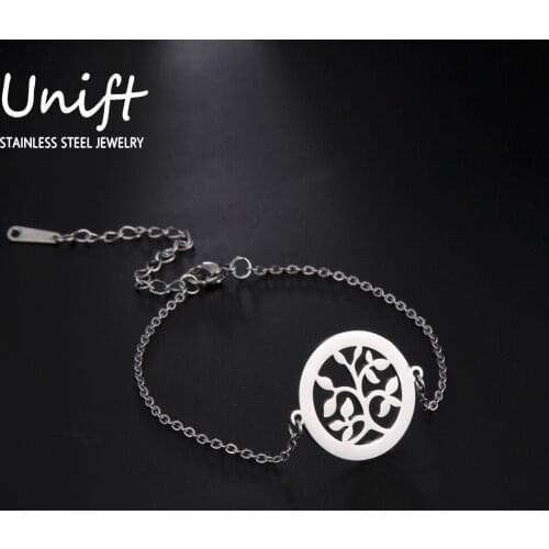 Unift Fashion Stainless Steel Leaves Bracelet for Women Girls Life of Tree Round Charm Bracelet Vintage Jewelry Friendship Gift