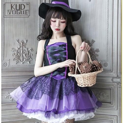 Gothic Sexy Witch Dress Cosplay Costumes Witch Hat Adult Women Queen Carnival Party Fancy Dress Skirt Set Black Purple Halloween