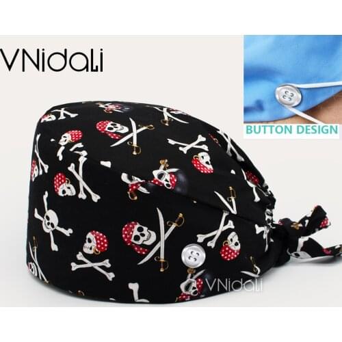 Skull button Scrubs hats Tieback Straps Sweatband Scrubs Caps Pet Grooming Agency Work Caps Beautician Lab Hat Unisex