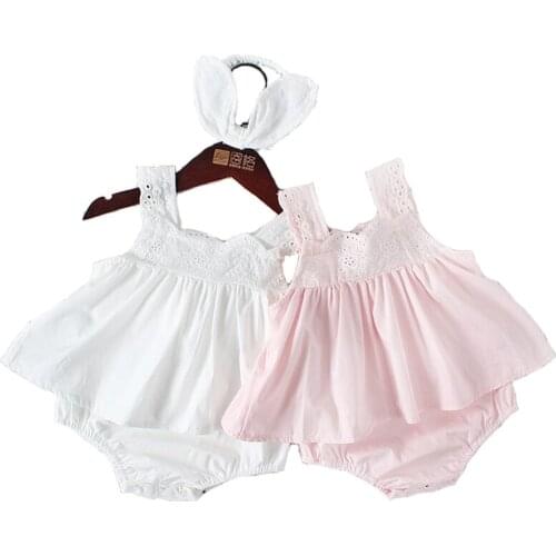 2020 summer New baby cute jumpsuit baby Cotton romper Headband Two-piece childrens Embroidery lace jumpsuit baby clothing