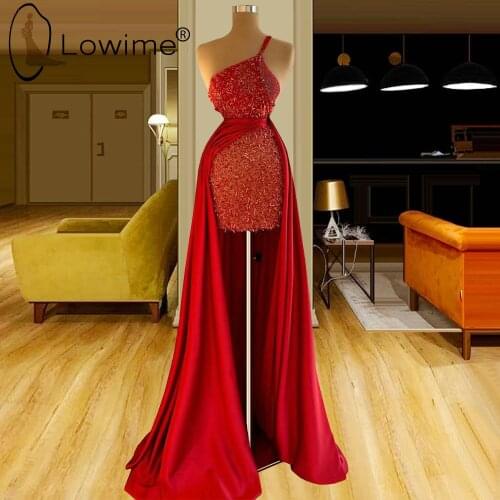 Red One Shoulder Short Mermaid Evening Dresses Sparkly Sequined Pearls Evening Party Gowns Sexy Illusion Prom Dresses