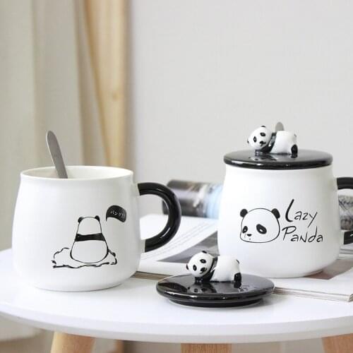 Creative Hand Painted Cute Cat Panda Heat Resistant Coffee Mug Cartoon With Lid Ceramic Tea Mug Office Milk Cup Christmas Gift