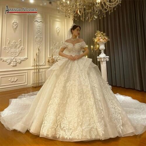 Lace Wedding Dress Ball Gown Off Shoulder Vintage Embroidery Long Train