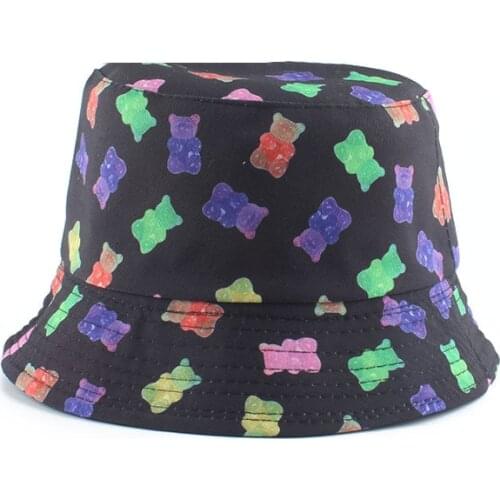 Summer Fisherman Hat Reversible Cartoon Bucket Hats For Women Men Street Hip Hop Bucket Cap Vintage Bear Printed Fishing Hat