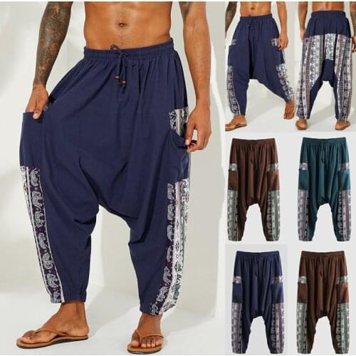 Men Loose Herem Pants Wide Leg trousers Elastic Loose Vintage Casual Pants Drawstring High Waist Male Muslim Baggy Pants hot