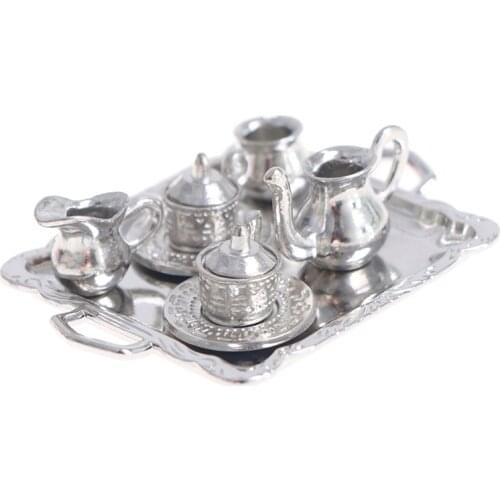 For Dollhouse Decals New 1Set 1/12 Dollhouse Miniature Silver Metal Tea Coffee Tray Tableware Set