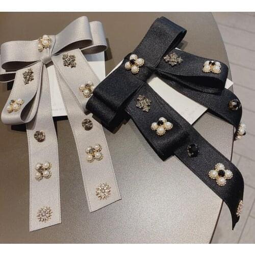 New ladies sweet college pearls rhinestone bow tassel hairpin retro bow tie girl jewelry