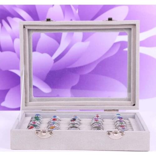 New 7 Slots Velvet Display Case Box Earring Ring Organizer Jewelry Tray Cufflink Storage Showcase with Clear Glass Lid Grey