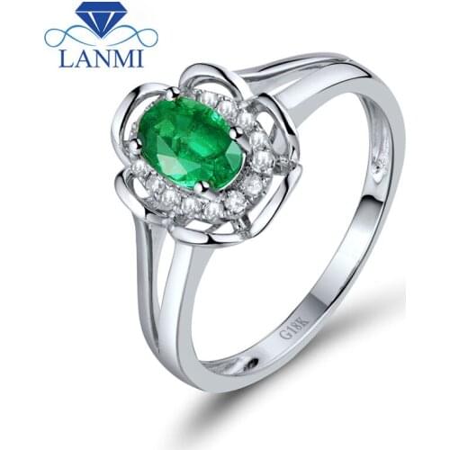 Engagement Ring Flower Design Oval 4x6mm Natural Emerald Solid 18K White Gold Promise Wedding Ring WU259