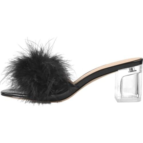 Onlymaker Black Feather Sandals Clear Chunky Block Heels Women Slip-On Comfortable Shoes Dressing Party Casual Big Size US5-15