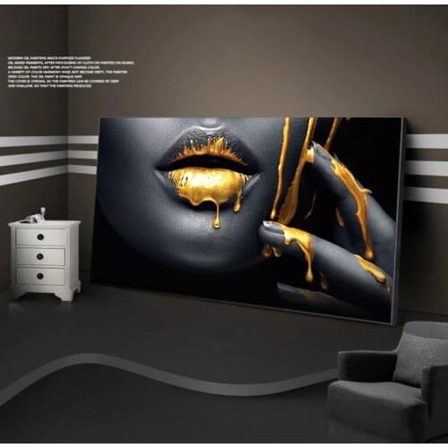 Wall artBlack Africa Woman Golden Lip Portrait Canvas Painting Posters and Prints Wall Art Picture for Living Room