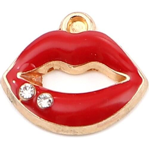 Zinc Based Alloy Charms Lip Gold Plated Red Enamel Clear Rhinestone 17mm x 15mm, 10 PCs