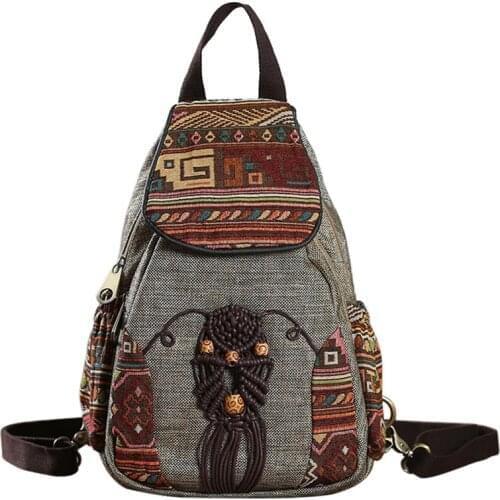 Female Simple Travel Backpack Handmade Backpack Womens Vintage Canvas Backpacks National Style Geometrical Printed Bag
