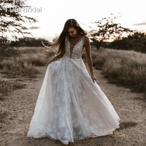 Plunging Neck Wedding Dresses Pearl Crystal Beaded Lace Bridal Gown Factory Custom Made Real Photo