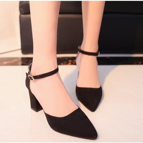 NIS Ankle Strap Pumps Women Shoes Woman Spring Summer About 7cm Block High Heels Ladies Shoes Woman Pointed Toe Stiletto Heeled