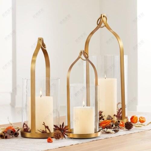 Europe Golden Iron Glass Candlestick Handmade Art Lantern Wind Lamp Candle Holders Romantic Candlelight Dinner Props Home Decor