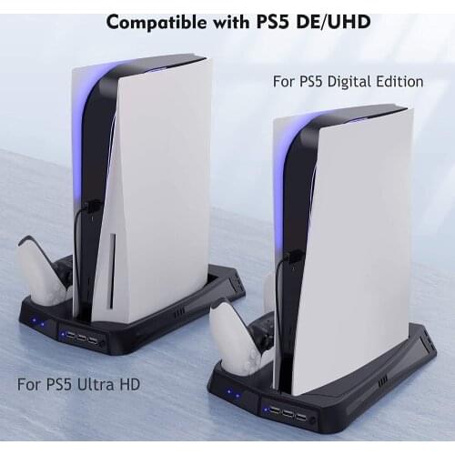 Charger For PS5 Vertical Cooling Fan Stand Digital Edition with 14 Game Slot 3 Hub Port Dual Controller Charging Station Charger
