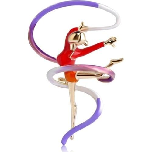 Sports Gymnastics Whirling Girls Ribbon Brooch Clothes Accessories Gold-color Enamel Brooches Lady Women Jewelry Pins