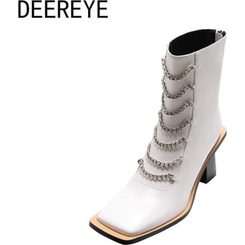 2021 New Womens Silver Chain Platform Ankle Boots Square Strange Toe High Heel 7CM Genuine Leather Booties Punk Shoes Luxury