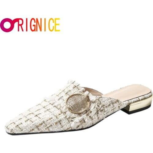Orignice Women Flats Comfy Mules Pointed Toe Elegant Fashion Metal Decoration Slip On Slippers Black White Outdoor Shoes Summer