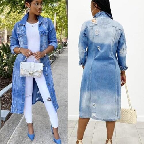 Female Casual Wild Denim Long Outwear Long Sleeve Lapel Single-breasted Leisure Ripped Jacket Daily Stylish All Match Coat