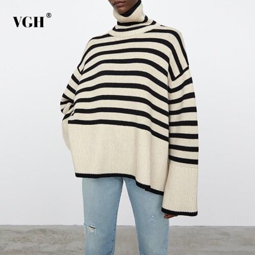 VGH White Casual Striped Loose Side Slit Womens Sweater Turtleneck Long Sleeve Korean Fashion Sweaters Female 2021 Autumn Style