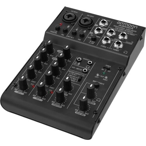 Ammoon AGM04 4-Channel Mini Mixing Console Digital Audio Mixer 2-band EQ Built-in 48V Phantom Power 5V USB Powered mixer audio
