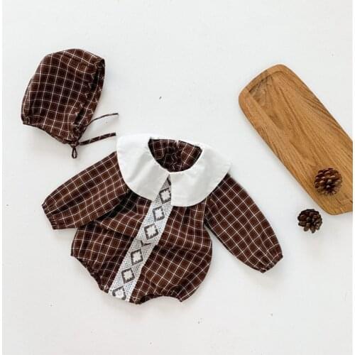 Baby One-piece Spring Baby Romper Free Hat Korean Plaid Baby One-piece Triangle Climbing Clothes