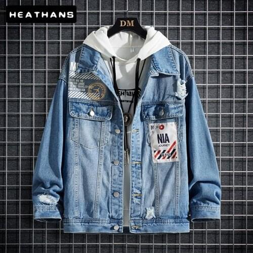 Hole Denim Jacket Mens Printed Long-sleeve Single Breasted Casual Jean Jacket Male Youthful Blue Denim Jacket For Men Loose Coat