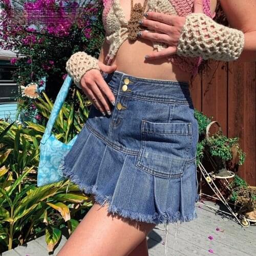 Y2K Streetwear High Waist Denim Pleated Skirts 2000s Aesthetics A-line Pockets Cute Blue Jean Skirt Short Kawaii Outfits