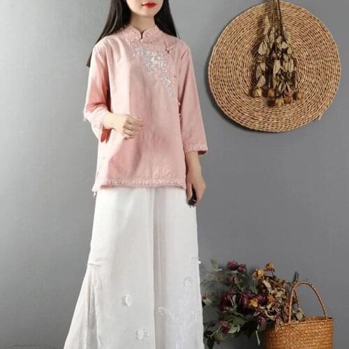 Chinese Traditional Tops for Women Hanfu Full Sleeve Solid Color Vintage Clothes Cotton Linen Cheongsam Top Female 2021 New