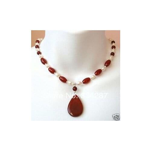Beautiful white pearl and Red jade pendant necklace