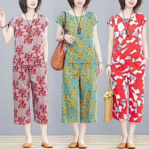 Summer Women Printed Cotton Linen Sets Loose Top + Wide Leg Pants Two Pieces Suits Middle-aged Women Casual Plus Size Set L419