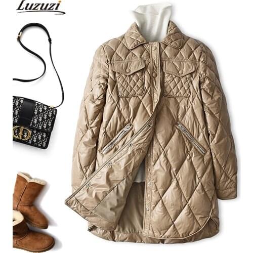Luzuzi Winter 2021 Ultra Light Down Jacket Womens Fashion Rhombus Long Sleeve Warm Parkas Female Casual Puffer Jacket Outwear