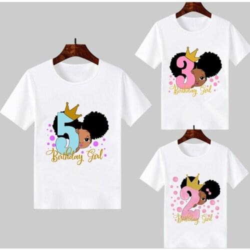 Cute Little Black Melanin Princess Print Girl T-shirt for Birthday Kids Funny T Shirts 1 2 3 4 5 Number Fashion Short Sleeve Tee