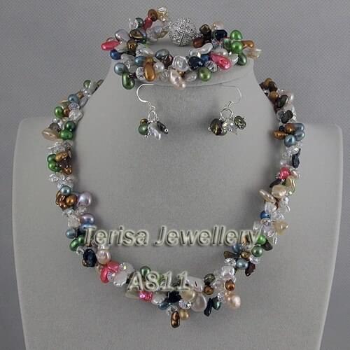 New Free Shipping Pearl Jewelry Set White Color Crystal Beads Made With Multicolor Freshwater Pearl Necklace Bracelet Earrings