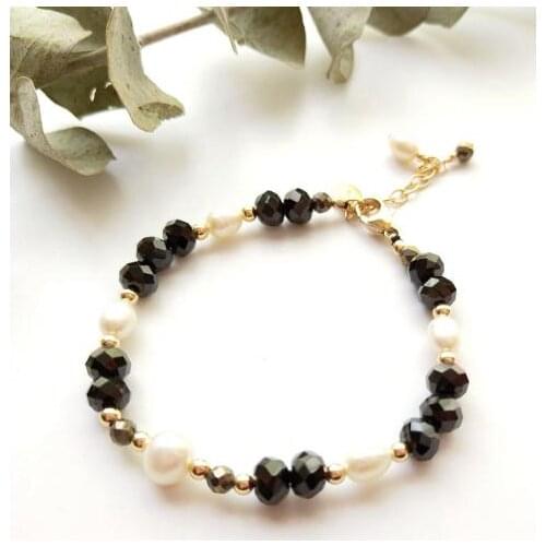 New Favorite Natural Black Spinel Freshwater Pearl American 14K Gold Filled Adjustabout Bracelet Handmade Fine Women Jewelry
