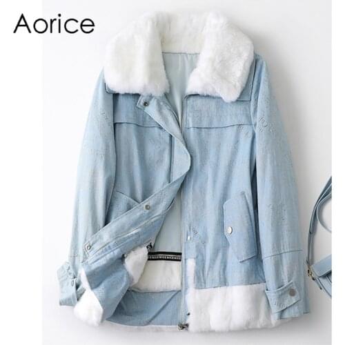 Aorice Women Real Fox Fur Collar Coat Jacket Female Rex Rabbit Liner Long Parka Trench A41653
