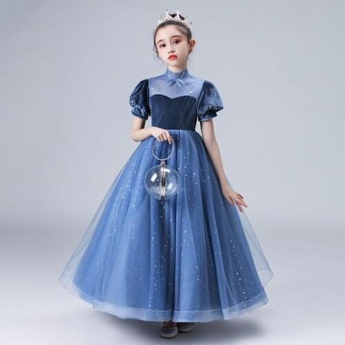 Flower Girls Dresses Princess Lace Bow Sequined Elegant Ball Gown Tiered Floor-Length Tulle Luxury Blue Kids Party Dress D243