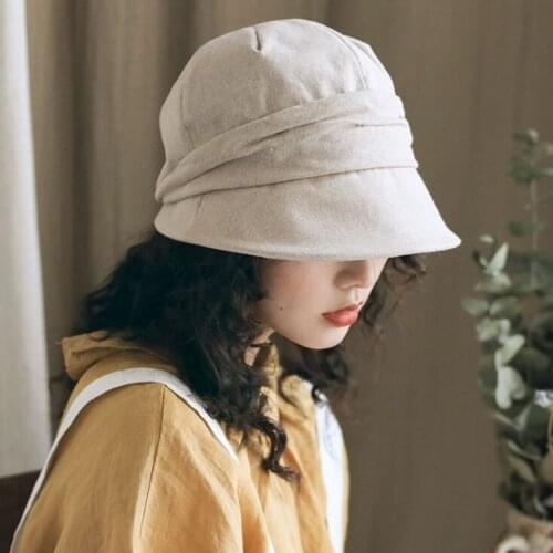 Korean Style Leisure Pleated Linen Casquette Beret High Quality Fishing Sunhat Vintage Holiday Cotton Adults Bucket Hat